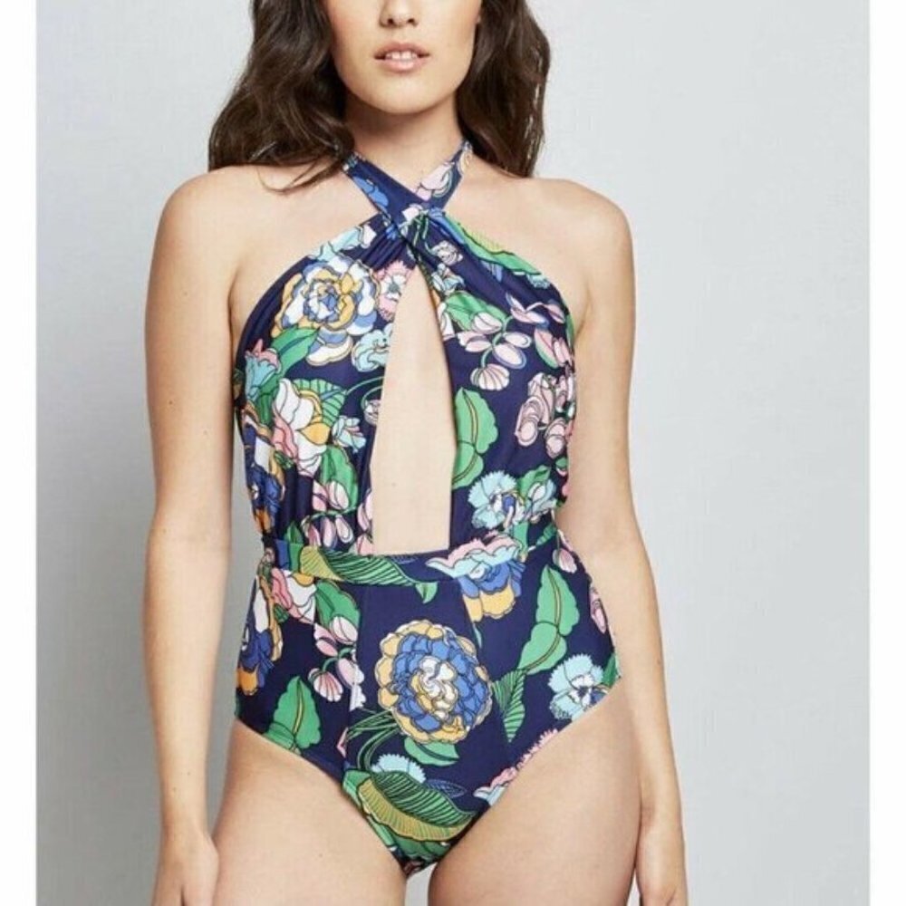 Modcloth Bethany One-Piece Swimsuit Blue Floral NWOT